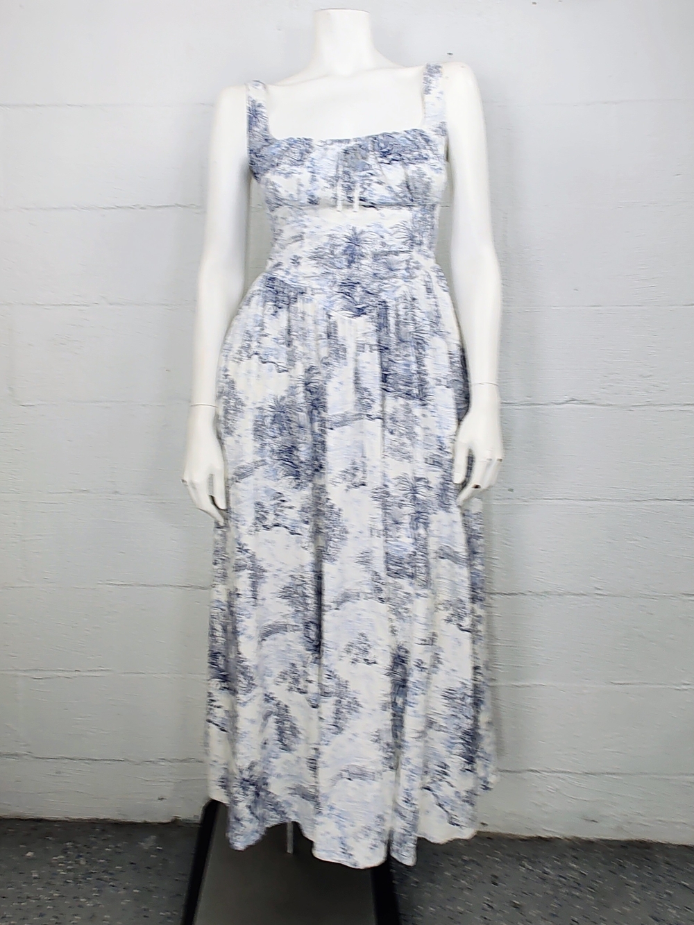 Caroline Constas Blue & White Linen Blend Toile Maxi Sun Dress